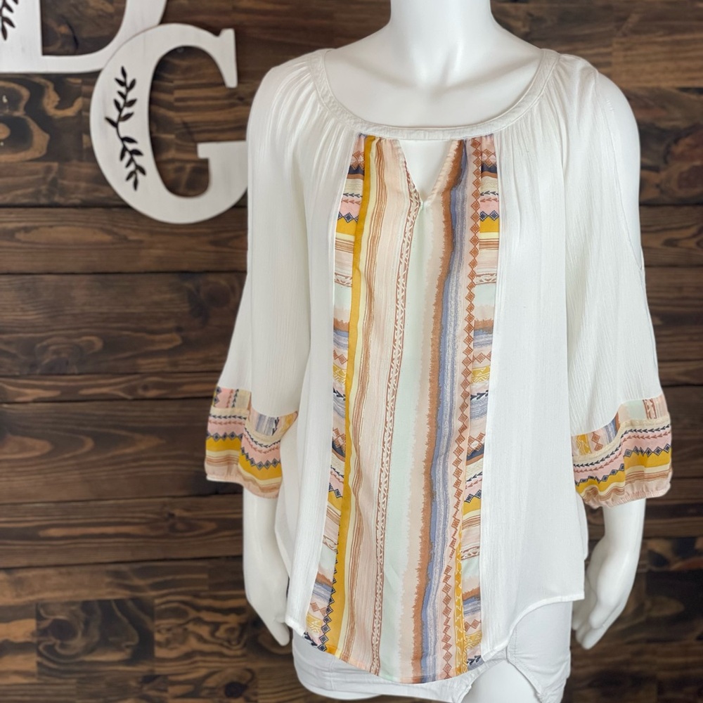 Figueroa & Flower | Keyhole Cold‎ Shoulder Peasant Blouse Striped Boho Ruched